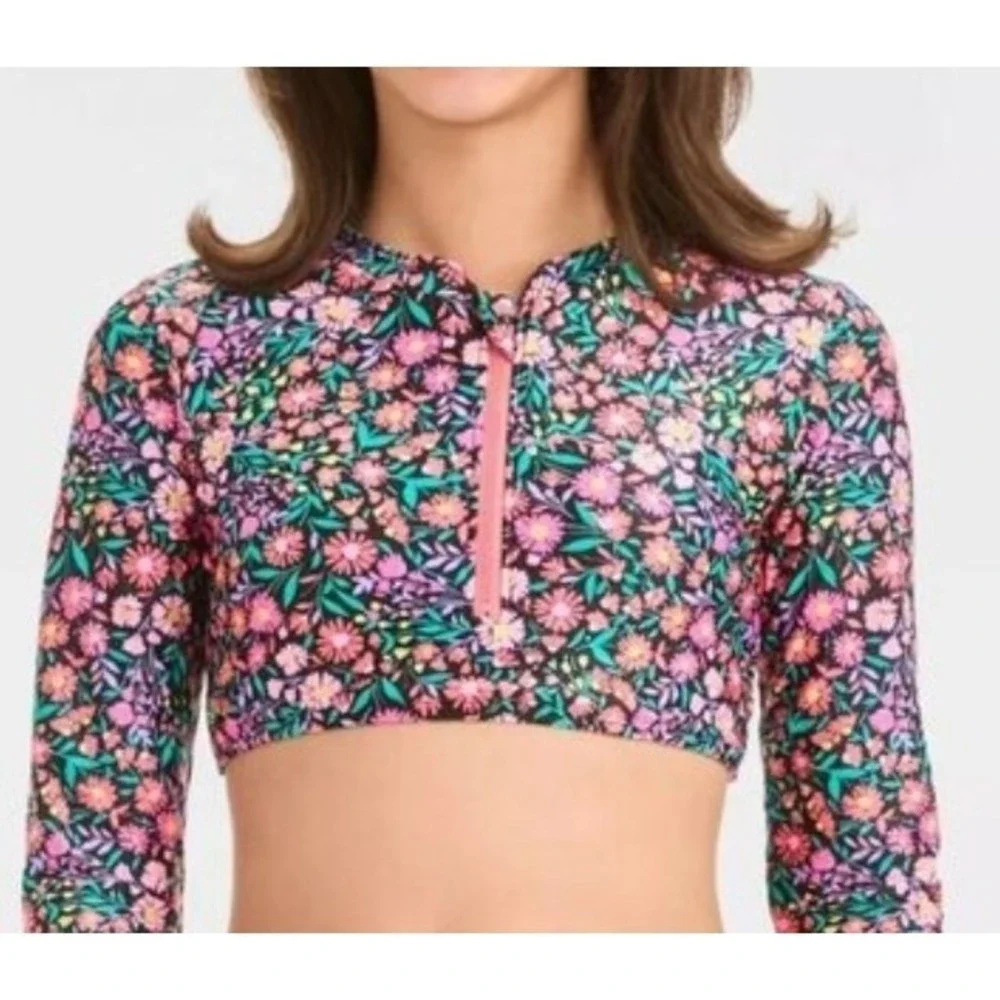 Girl's XL 14 Swim Top Rashguard Crop Floral Ditsy Zipper Long Sleeve Black Pink